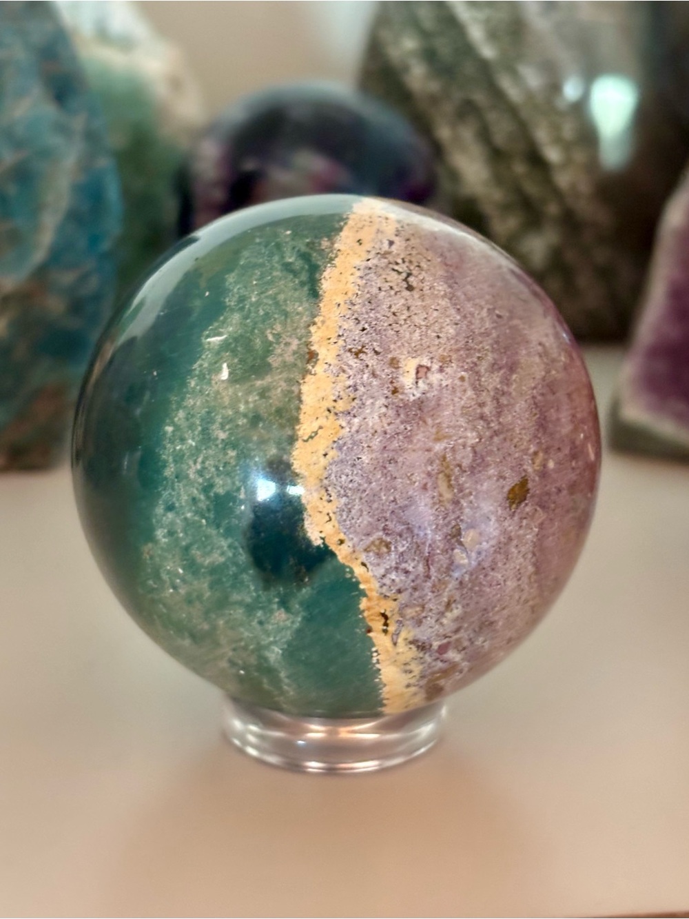 Large ~500g Polychrome Jasper Sphere with Stand – Forest Green, Mauve & Gold